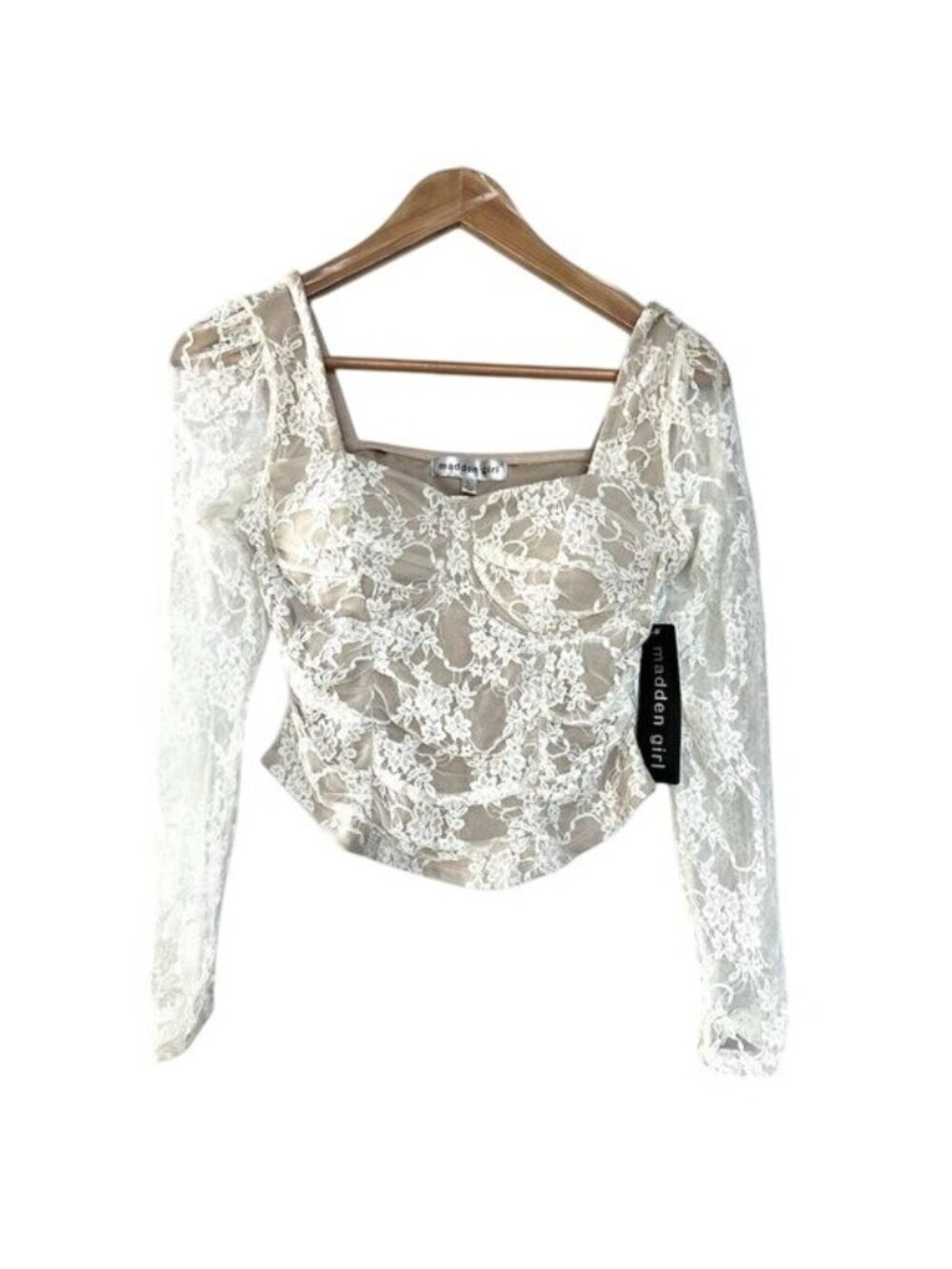 Madden Girl Beige & White Lace Long Sleeve Bustier Top size Large